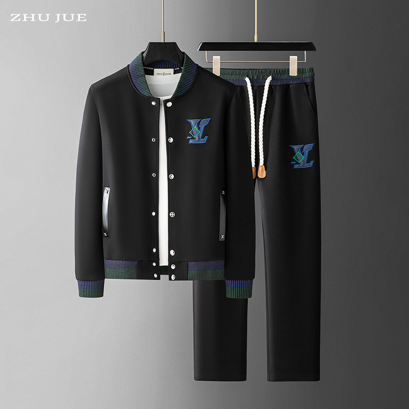 European Men's Autumn and Winter New Baseball Collar Casual Two-Piece Set Men's Fashion Embroidered Jacket with Trousers Suit