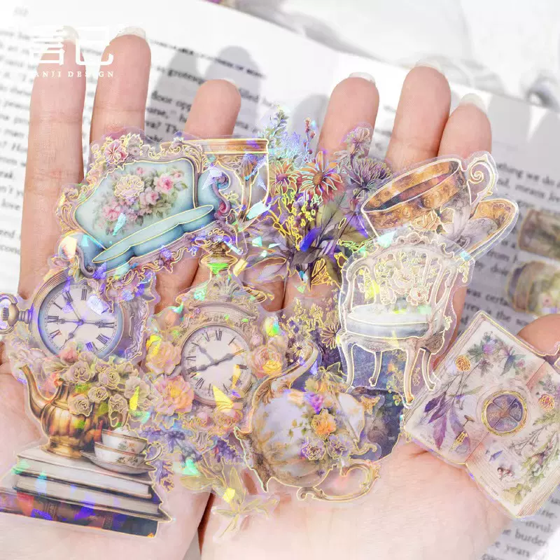 言己琉光花园系列30张入6款烫金贝壳光立体PET手帐素材贴纸包