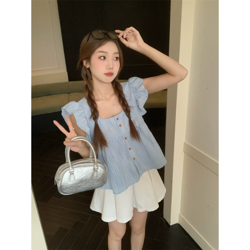 Реальный выстрел, новый синий маленький летающий рукав, белый, сладкий, тонкий и универсальный дизайн