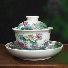 淘瓷八陶瓷盖碗茶杯白陶瓷泡茶碗家用简约白瓷功夫茶具三才敬茶碗