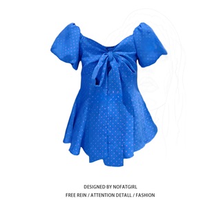 Plus Size Fat mm French Sweet Sexy One-Shoulder Strappy Shirt Women's Summer Design Waist-Cinching Puff Sleeve Top