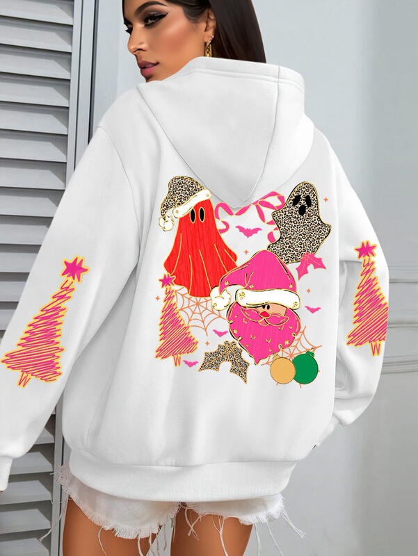 Cross-Border Merry Christmas Ghost Print Pattern Women's Hoodie Casual Hooded Sweatshirt Top