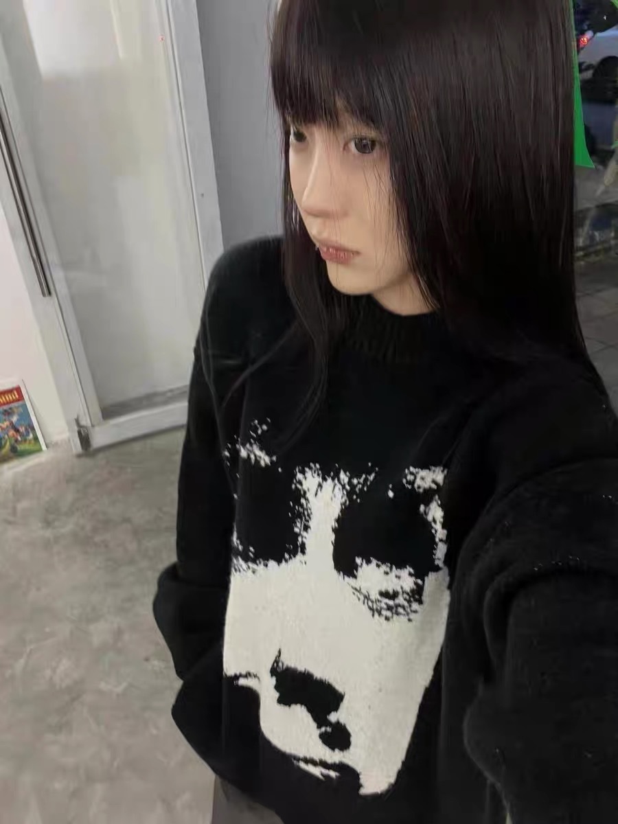 High goods] heavy-weight mahair sweater cleanfit figure jacquard loose lazy round neck knit coat top