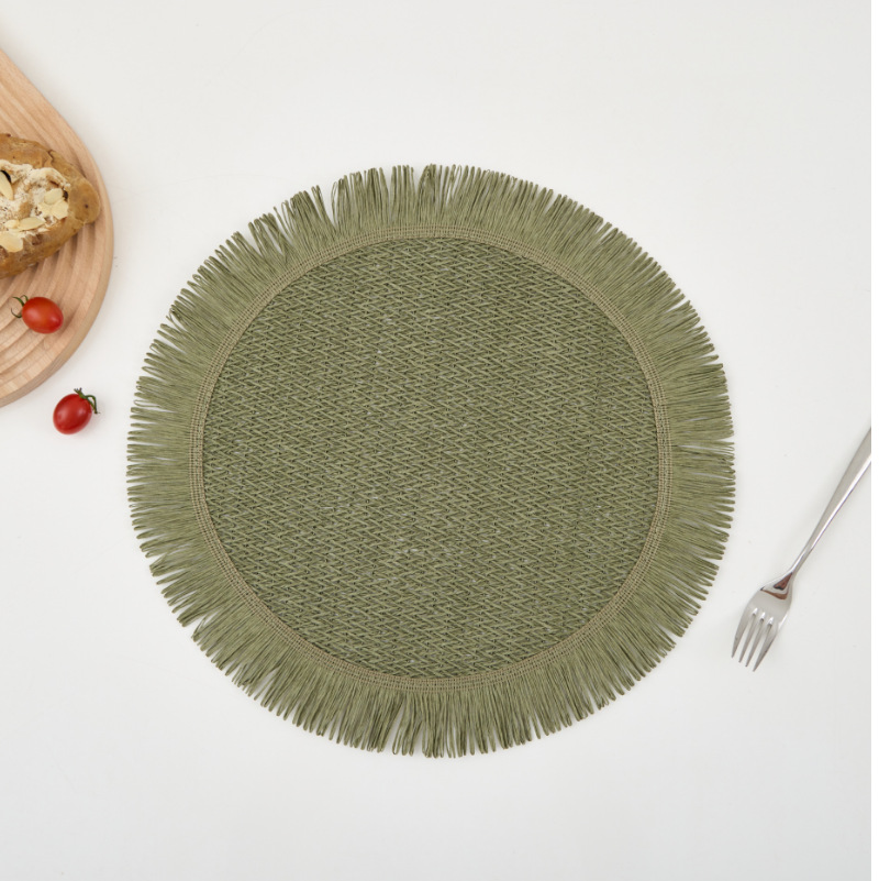 thumbnail for Paper woven tassel placemat dining table Western placemat non-slip coaster round insulation pad solid color cross-border home decoration