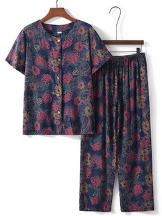 Middle-Aged and Elderly Women's Summer Suits, Grandma's Short-Sleeved Two-Piece Shirts, Elderly Mother's Clothes, Cotton Silk Tops for the Elderly