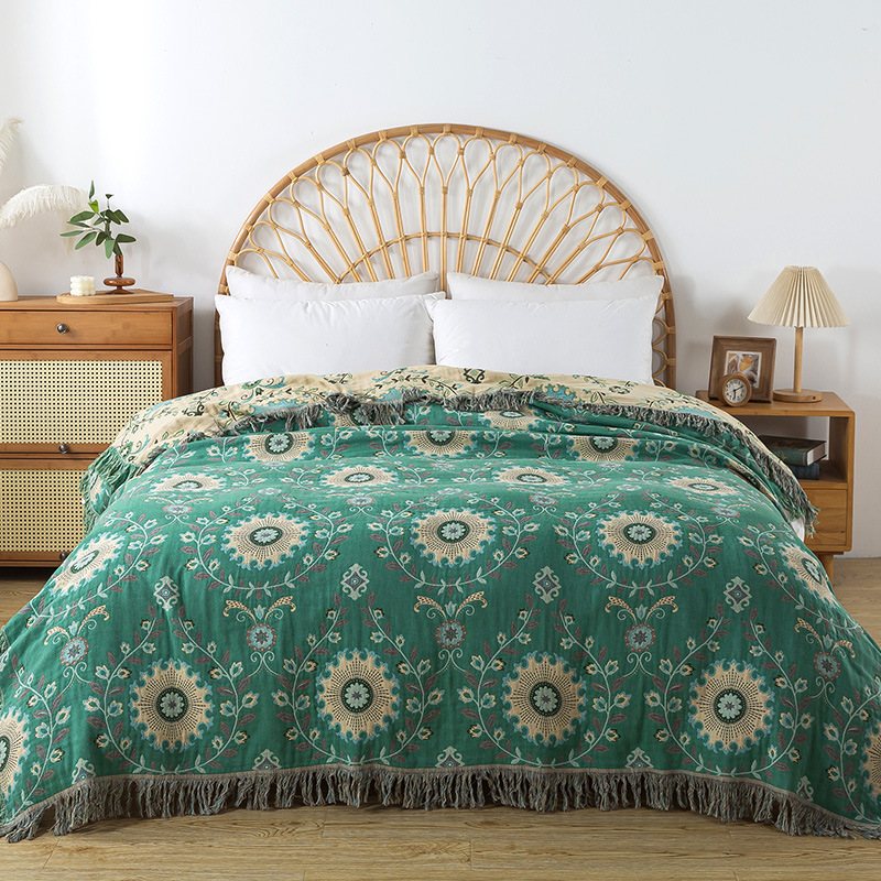 더블 플라워 그린 태슬 타월 퀼트