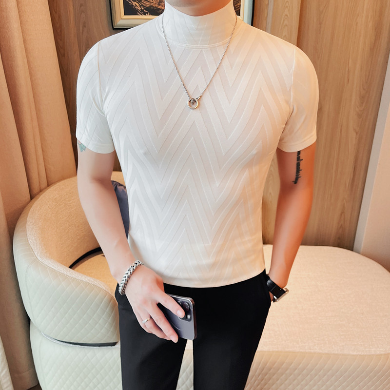 Fanwo FW9797 2024 하프 터틀넥 반팔 티셔츠 남성용 봄과 여름 새로운 단색 미드 칼라 바닥 셔츠 슬림 핏