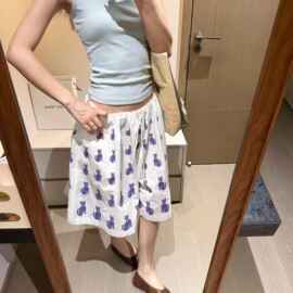 少女卡通猫咪印花睡裤女2026夏季新款大码宽松休闲百搭短裤家居裤