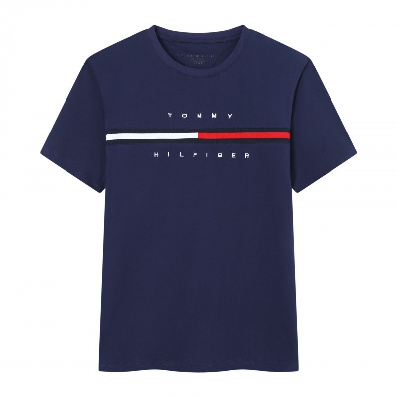 Tommy トミー サマー メンズ ラウンドネック レター Tシャツ 半袖 スリム 刺繍 トップス カジュアル 万能 スポーツ コットン|undefined