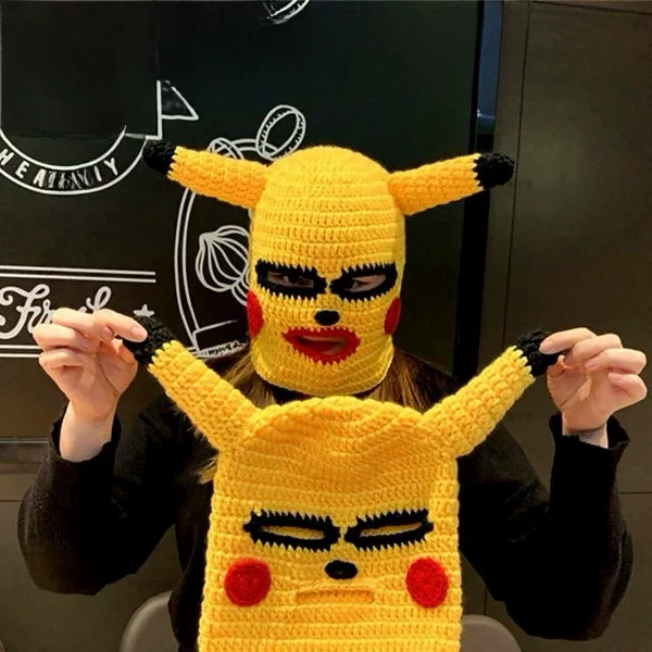 Pikachu Hood Sand Sculpture Spoof Popular Funny Mask Cute Funny Sill Sculpture Knitted Masked Wool Mask for Men