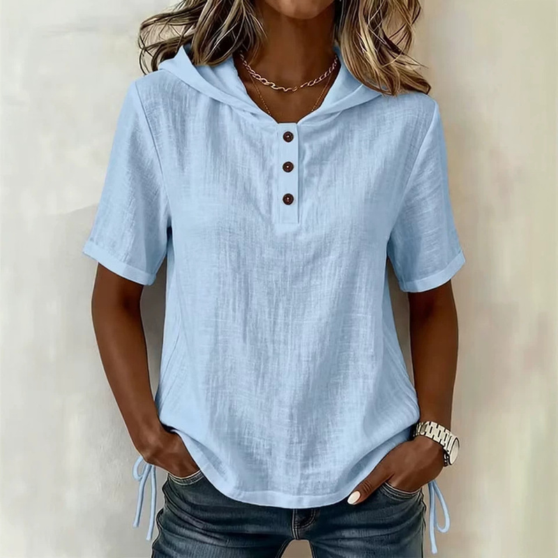 2026 European and American Amazon New Women's Summer Button-Down Linen Short-Sleeved T-Shirt Beach Casual Hooded Solid Color Shirt 2026 European and American Amazon New Women's Summer Button-Down Linen Short-Sleeved T-Shirt Beach Casual Hooded Solid Color Shirt