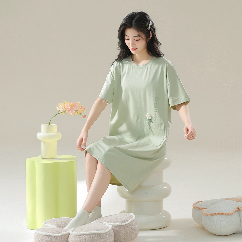 [Personalizado] 7A pijama de manga corta de algodón antibacteriano de gran tamaño gordo m200 kg camisón de maternidad verano femenino dulce y lindo