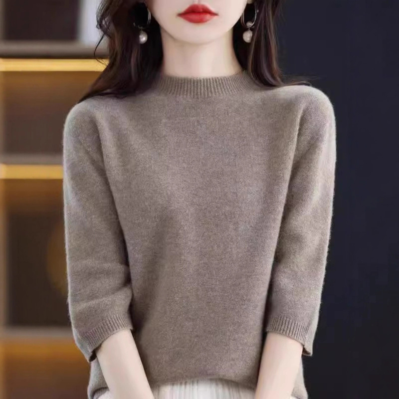 2025 New Cashmere Sweater Short-Sleeved Women's Half Turtleneck Wool Simple Loose Thin Three-Quarter Sleeve Wool Sweater Ins