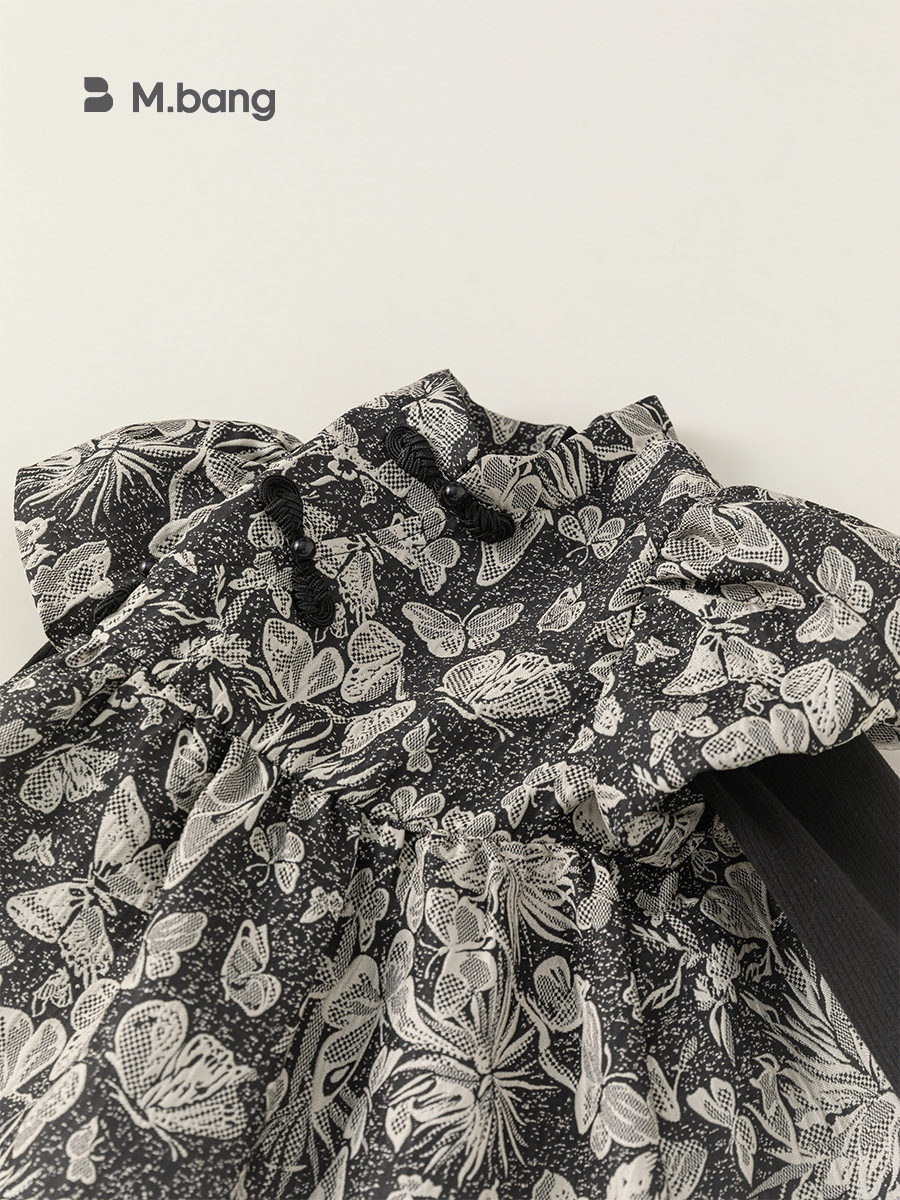 Yubao ropa infantil de niñas vestidos de manga de burbuja falsos dos piezas de falda de flores de contraste de otoño de estilo chino falda de estilo nacional