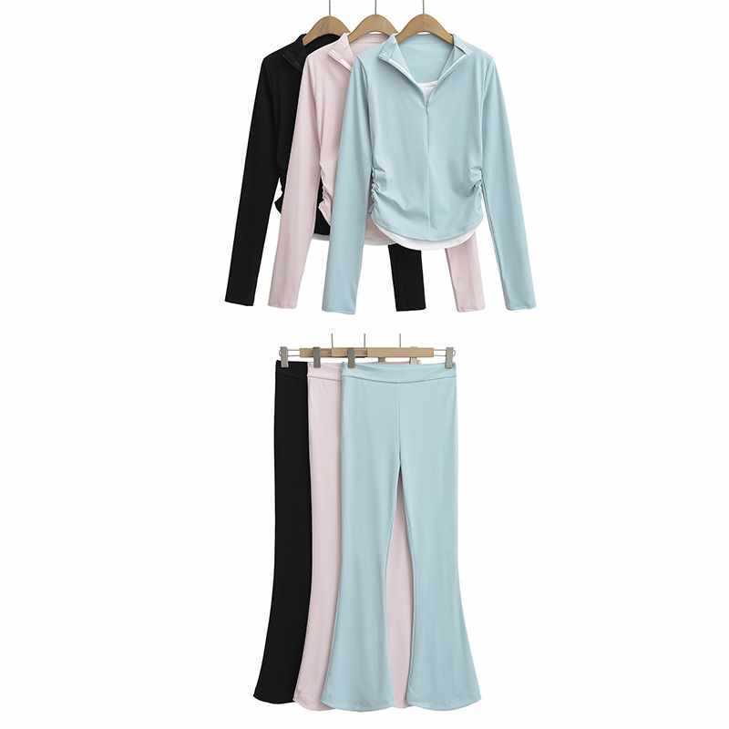 American-Style Faux Two-Piece Half-Zip Pleated Yoga Sports Top + Sexy Low-Waist Flared Pants European and American Style