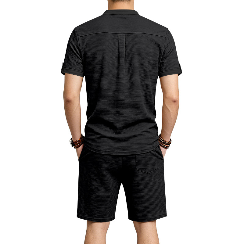 Men's Casual Henley Short Sleeve T-Shirt And Shorts Set Comfort-Focused Polyester Design for Summer_viptrois.com