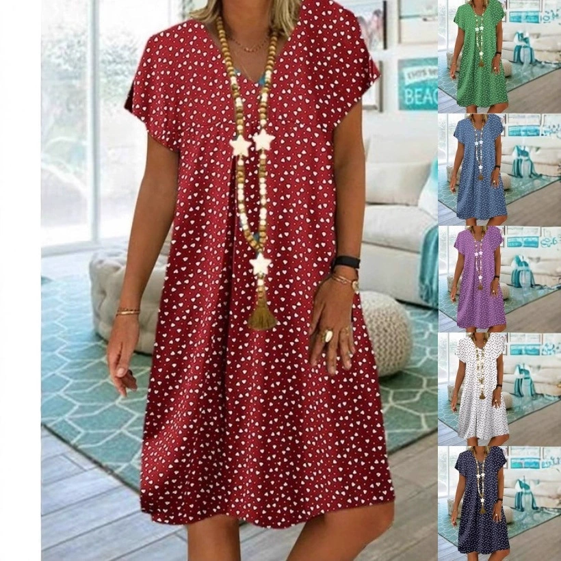 Amazon AliExpress 2023 Новое платье больших размеров с принтом в форме сердца для внешней торговли, летнее Повседневное платье средней длины с V-образным вырезом