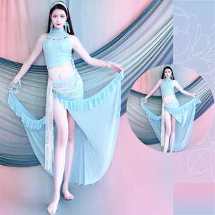 Belly Dance New Halterneck Long Skirt Suit Performance Clothing Class Uniform Elegant Fairy Practice Clothing Blue Beginner Kidsren