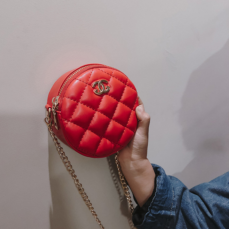 Korean Style Fashionable Rhombus Pattern Girls' Shoulder Bag, Simple Solid Color Baby Round Bag, New Mini Children's Chain Bag
