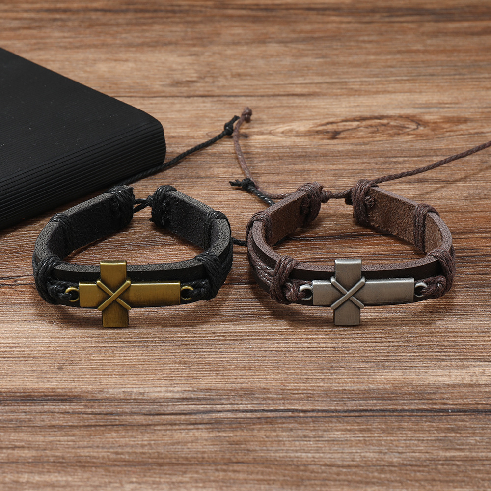 Street Occasion Retro Geometric Pu Leather Alloy Knitting Men's Bangle Men Cord & Leather Bracelets