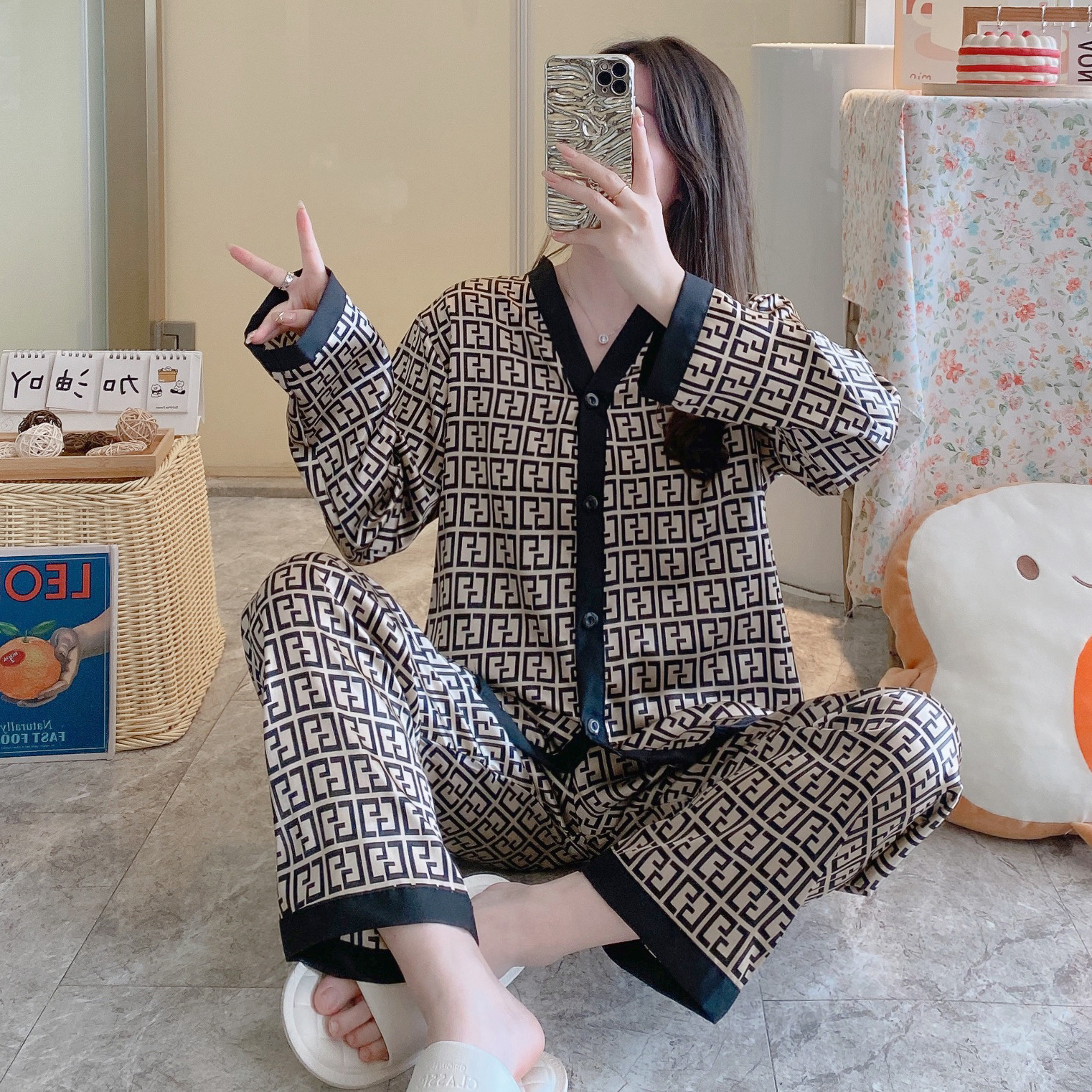 小香风春秋季长袖冰丝睡衣女和服领丝绸两件套外贸跨境薄款家居服