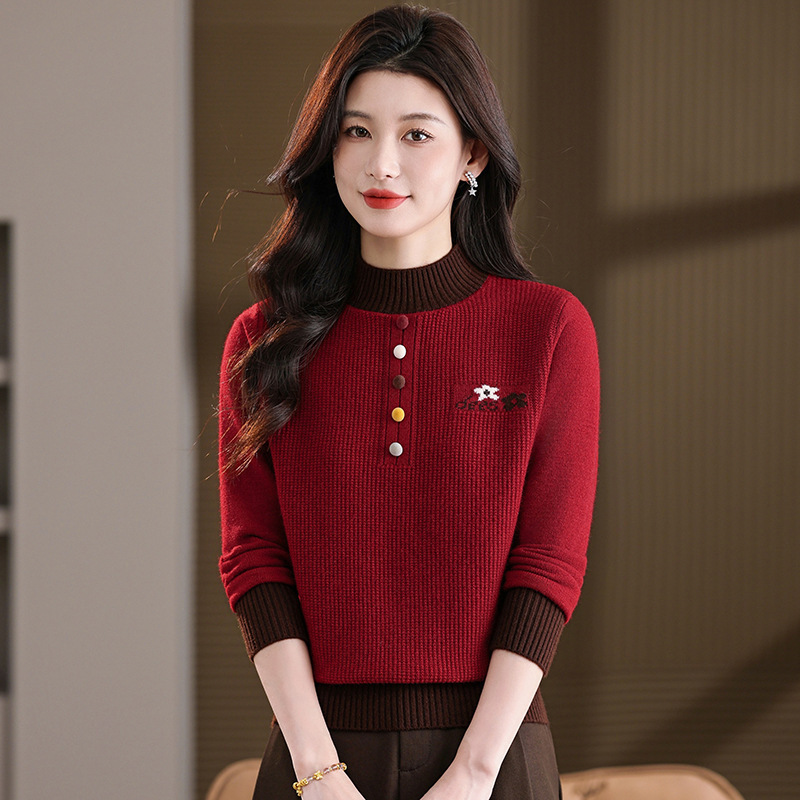 秋冬新款时尚彩扣圆领长袖针织衫女上衣洋气妈妈宽松打底绣花毛衣，女装针织衫/毛衣，妃慕昵服饰