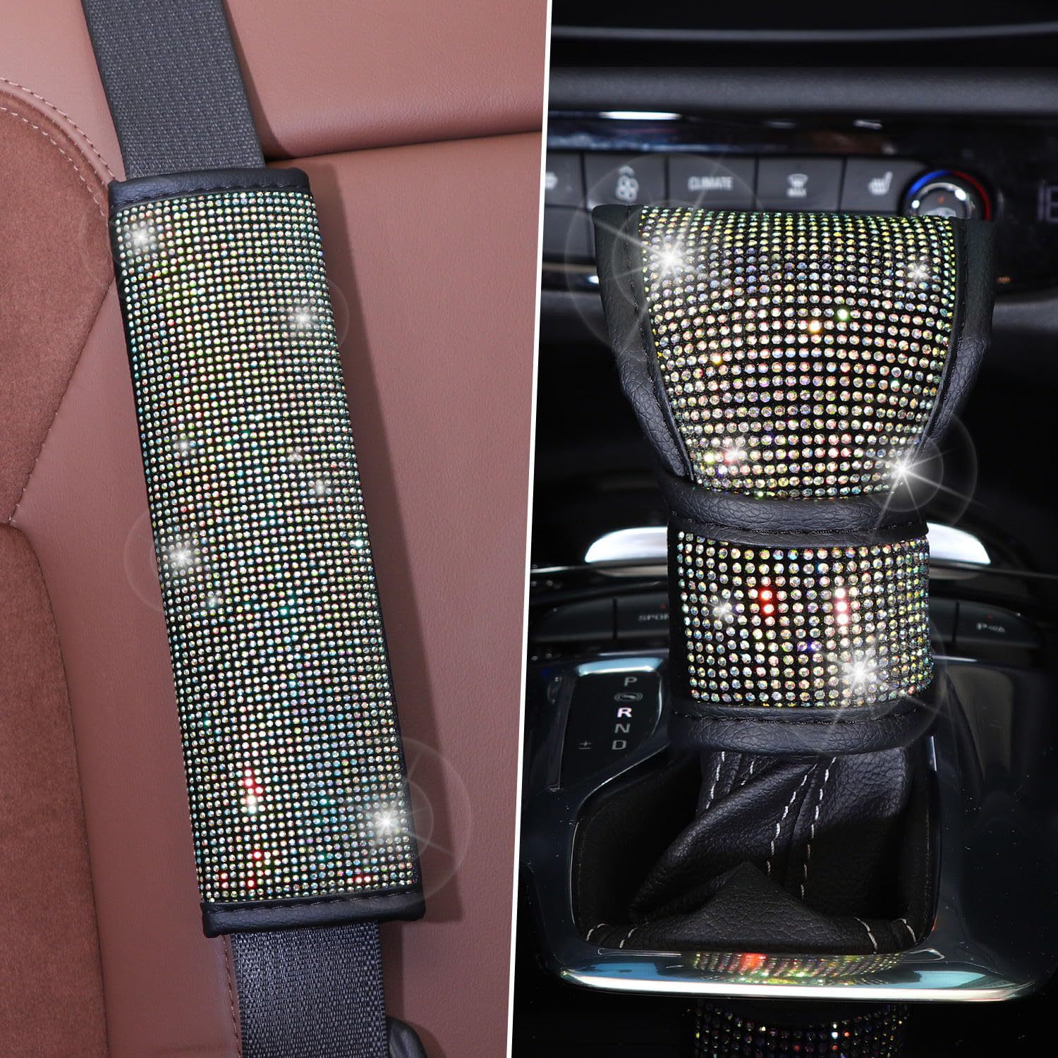 8-Piece Car Diamond-Encrusted Decorative Set: Steering Wheel Cover, Ignition Ring, Seat Belt Shoulder Pads, Cup Mat, Gear Shift Cover
