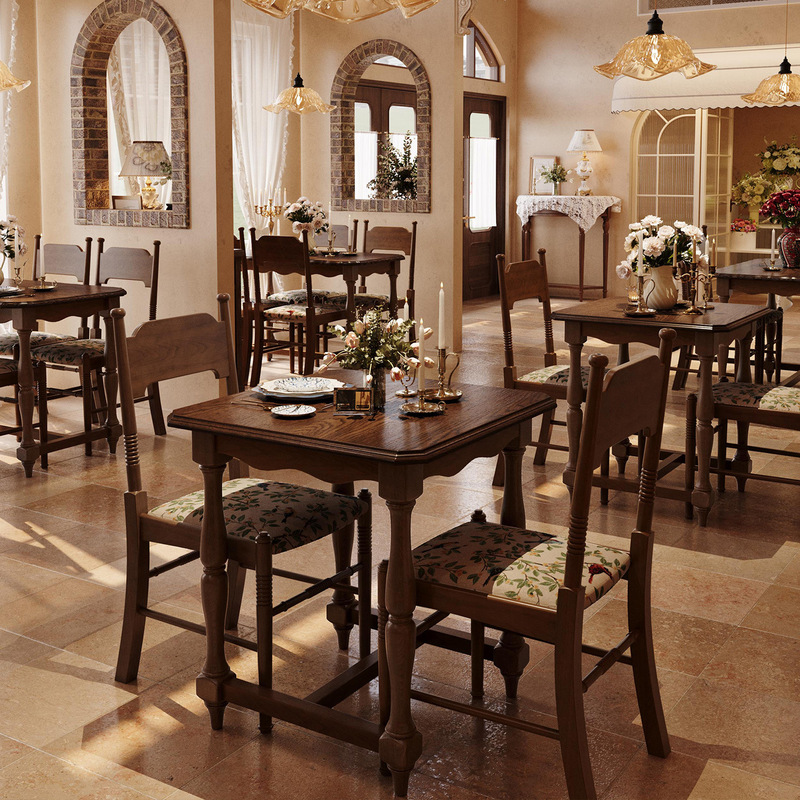 Trendy milk tea and bakery shop dining table and chair set, vintage-style, for Western restaurants and coffee shops, solid wood tables for commercial use Trendy milk tea and bakery shop dining table and chair set, vintage-style, for Western restaurants and coffee shops, solid wood tables for commercial use
