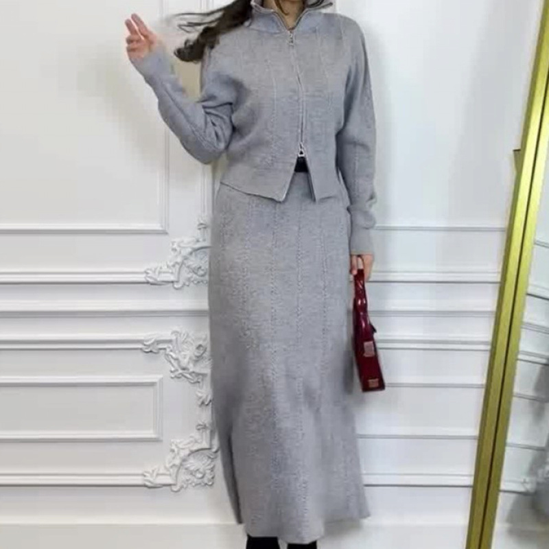 2025春の新型越境欧米の外国貿易の婦人服の純色の長袖のファスナーのコートの半身のスカートのファッションのスーツ|undefined