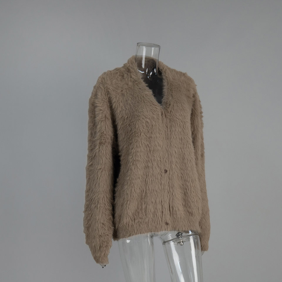 Áo cardigan len dệt kim giả lông chồn cổ V tay dài form rộng nữ — Màu hồng, Màu kaki, Màu trắng, Màu xám nhạt chi tiết 4