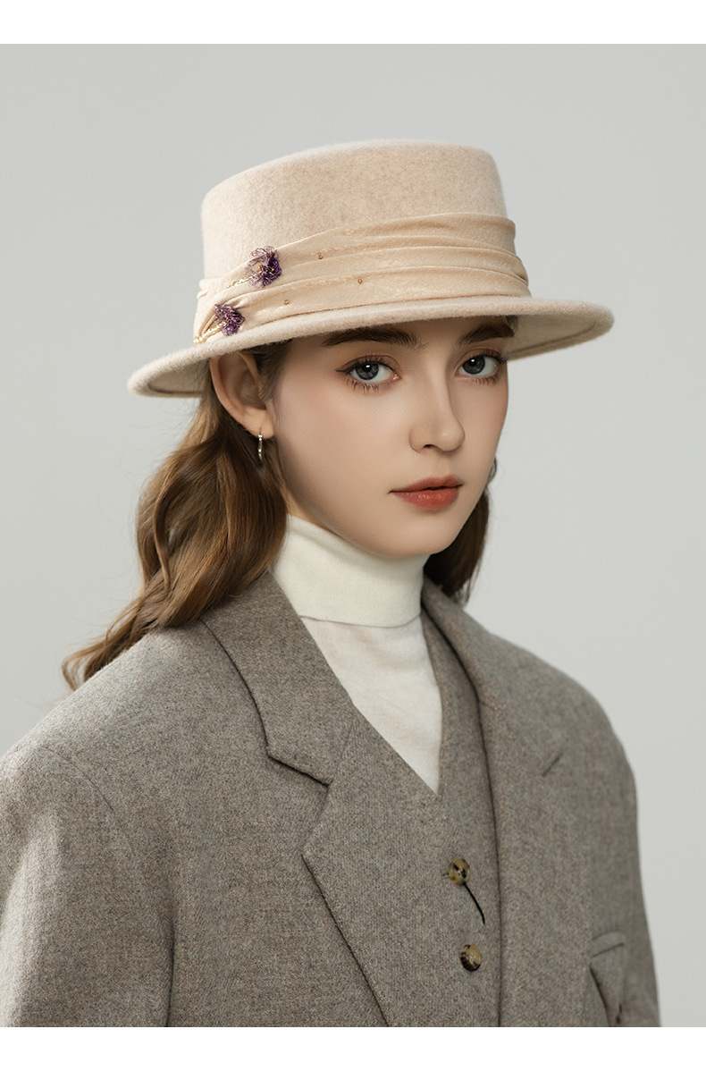 Mũ len beanie nữ phối satin hoa Pháp, phong cách thu đông — màu be chi tiết 7