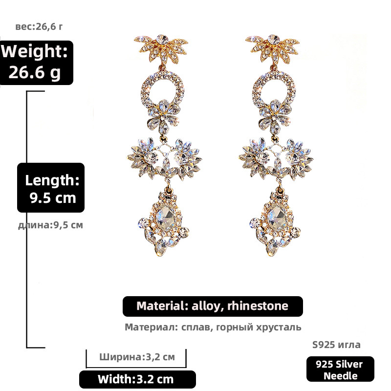 925 Silver Needle Rhinestone-encrusted Flower Temperamental Earrings European And American Ins Fashion High Sense High Profile And Generous Long Earrings For Women display picture 2