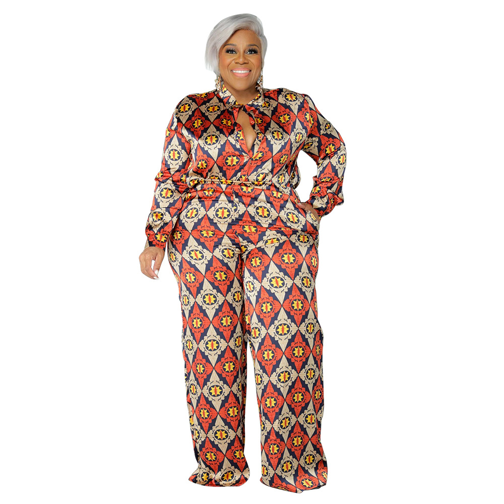 Daily Retro Printing Spandex Polyester Pants Sets Plus Size Two-piece Sets display picture 19