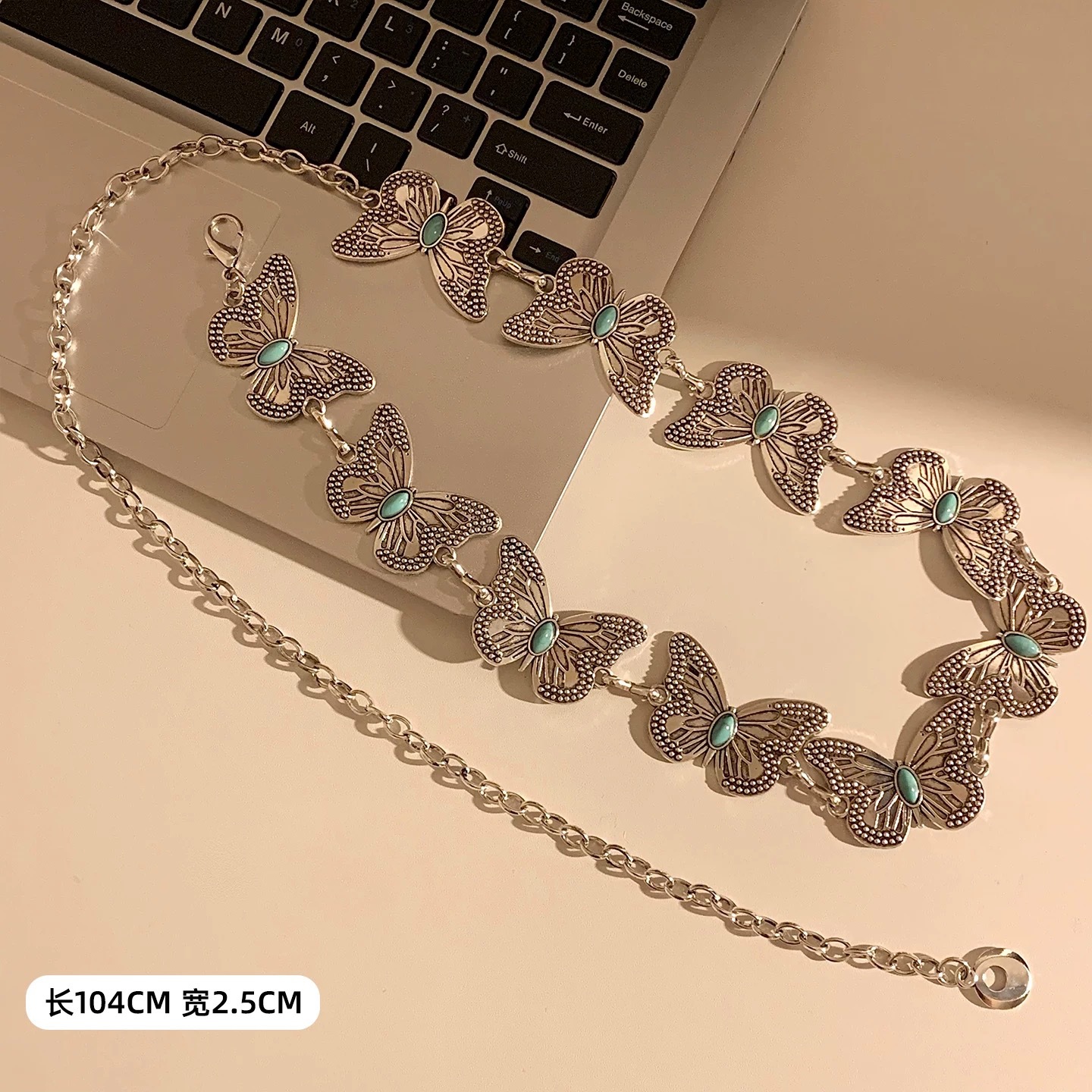 18 # 6 turquoise ancient silver butterfly waist chain about 115cm