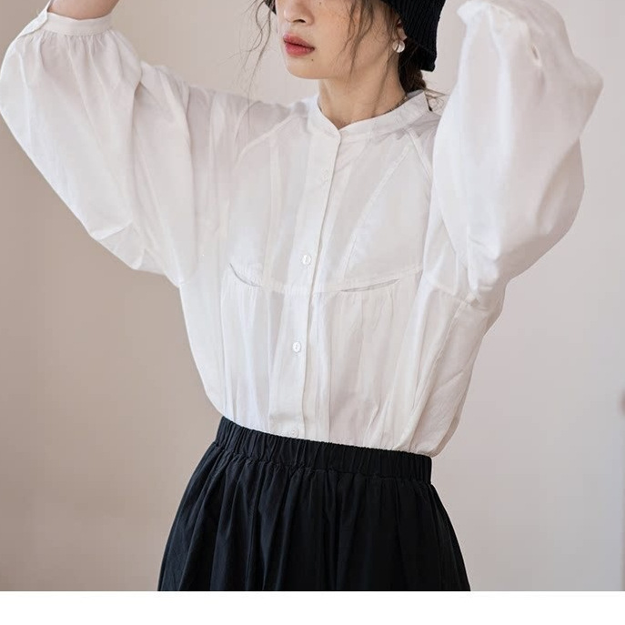 "White Shirt" French-Style Design Round-Neck Puff-Sleeve Shirt with a High-End Feel, Spring Top