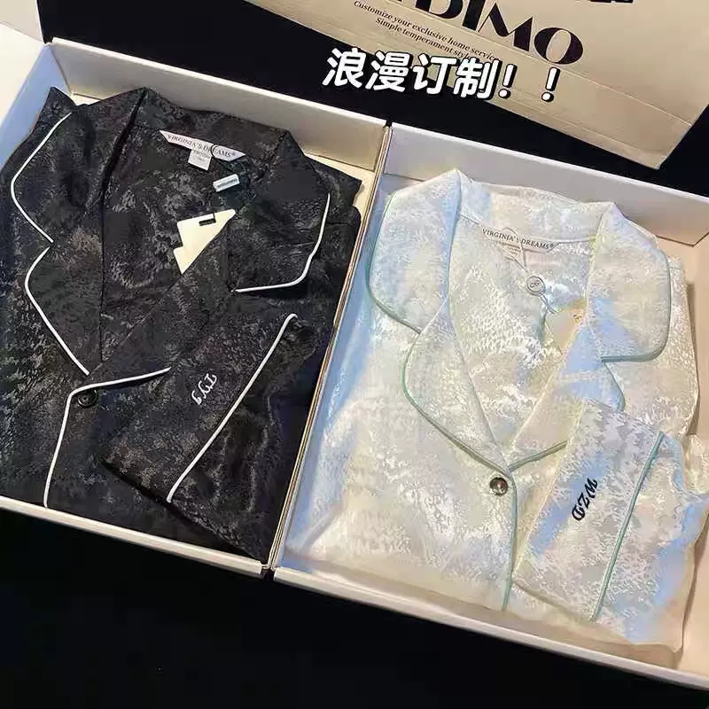 【极光白绸情侣睡衣】新款极光白绸缎女士长袖长裤睡衣家居服代发
