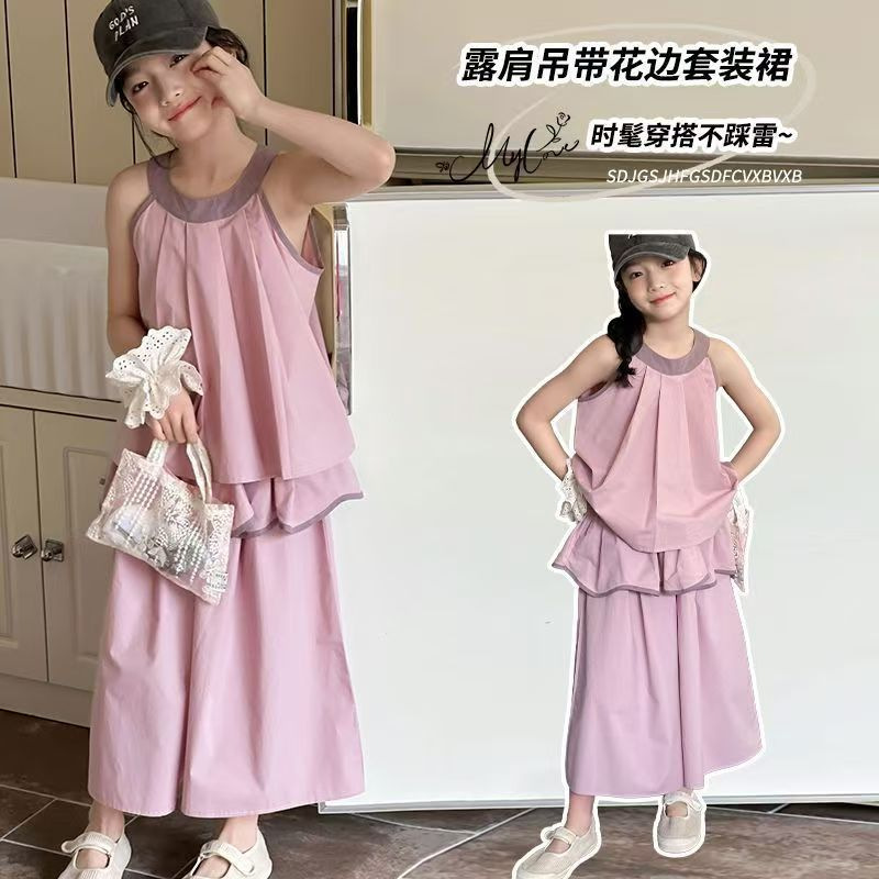 Traje para niñas Primavera y verano 2025 nuevo estilo estilo occidental chaleco sin mangas para niños pantalones anchos traje de dos piezas vestido de verano para niños de mediana edad