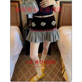 周美美 巴黎情书复古果酱丝绒拼接装饰花朵褶皱半身裙