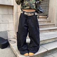 跨境美式vibe水洗铆钉设计弯刀牛仔裤女街头宽松显瘦阔腿坠感长裤