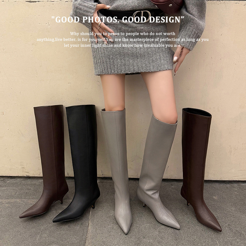 Zijin's Home~Autumn Track! European and American Sexy Style Kitten Heel Knight Boots Pointed Toe Sleeveless Knee-Length Straight Boots