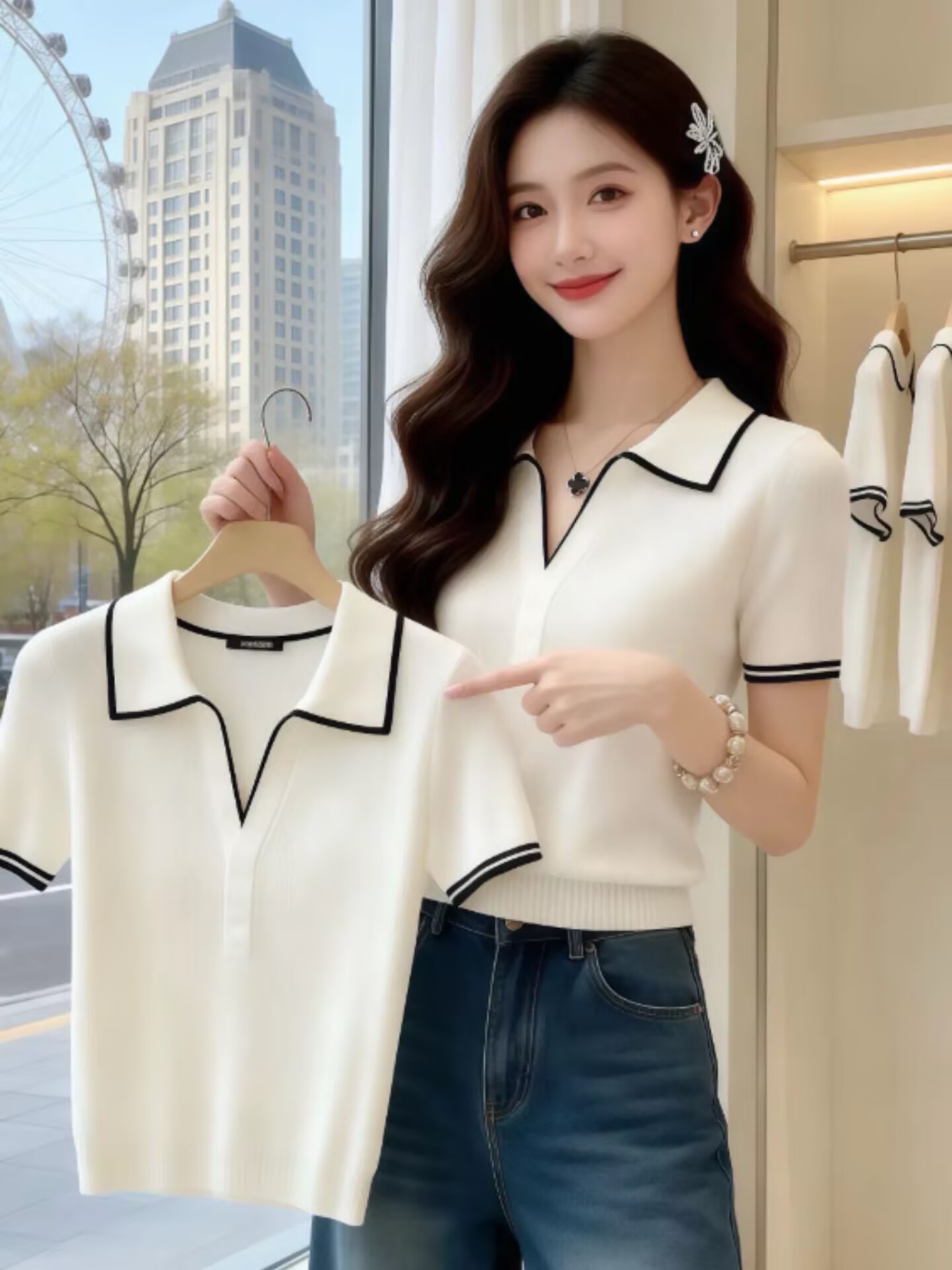 Áo thun ngắn tay polo cổ bẻ phong cách Pháp vai vuông cao cấp — màu trắng