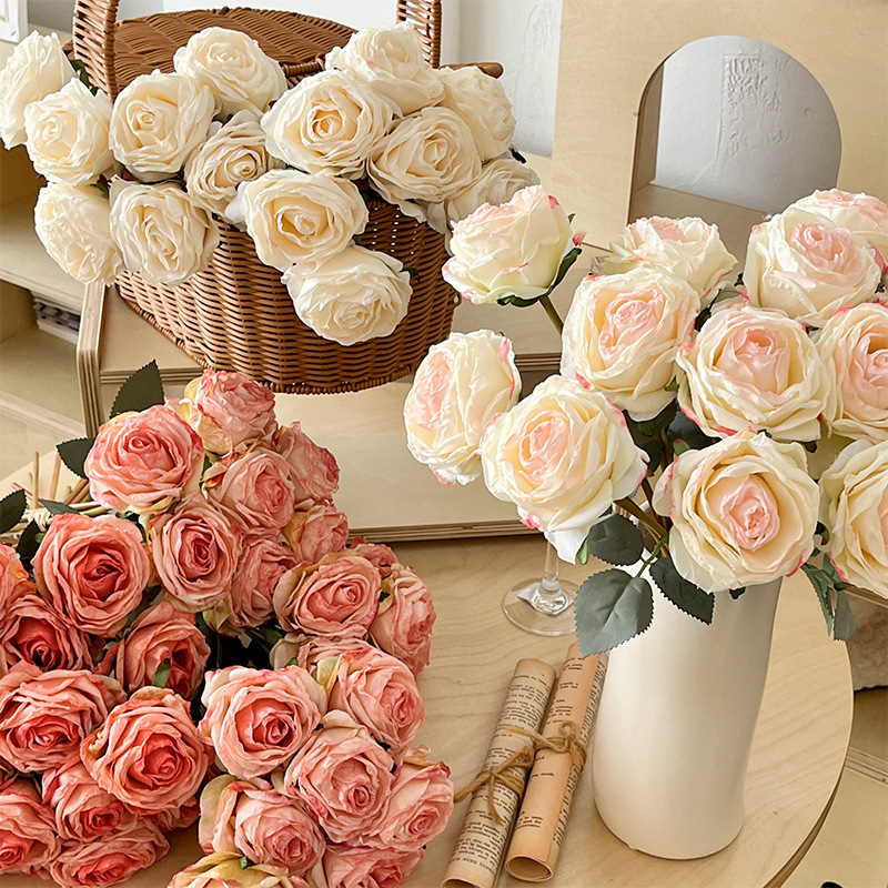 grilled edge emulational rose flower silk flower rose hand bouquet home living room decoration fake flower wedding hall photography props