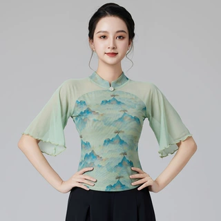 新款复古印花网纱古典舞蹈服显瘦修身练功服中袖时尚飘逸广场舞服