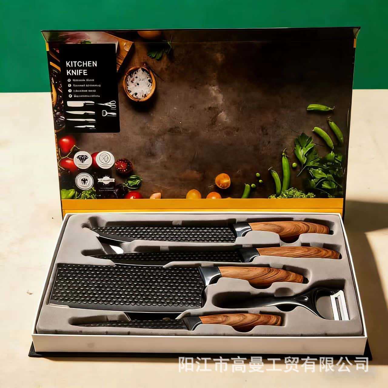Comercio exterior de acero inoxidable al por mayor cuchillo de cocina conjunto de cuchillo de cuchillo con mango de grasa con tablero de verduras en caja hecha a mano cuchillo casero