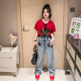 女童牛仔裤2024新款韩版网红儿童直筒阔腿裤夏季薄款裤子潮酷跨境