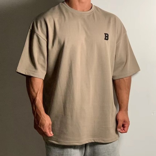 Summer Short Sleeve Men's Sports Fitness Training Top Loose Oversized Drop Shoulder Heavy Cotton Material T-Shirt