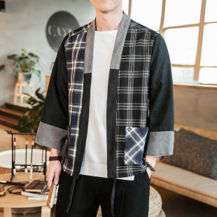 Summer New Chinese Style Men's Stitching Contrast Plaid Cardigan Hanfu T-shirt Men's Japanese Large Size Fashionable Robe