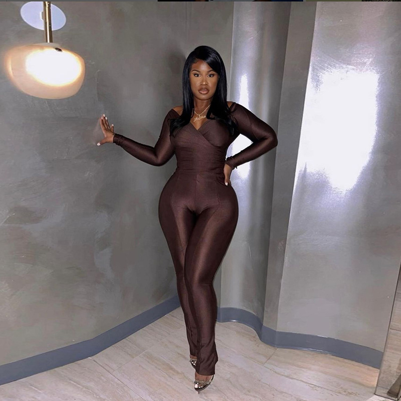 Damen Jumpsuit Schulterfrei Mit Hoher Taille Enges Sportset_voghion.com