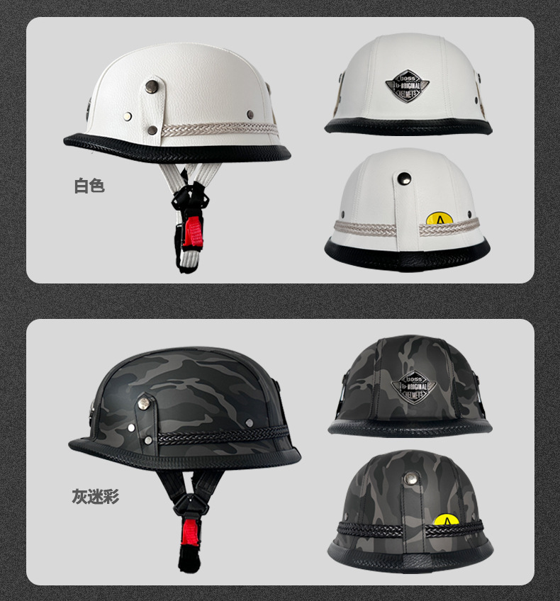 Voss New 3C Certified Cross-Border Men's and Women's Adult Retro German Steel Helmet Motorcycle Prince Helmet Handmade Leather Hat Half Helmet