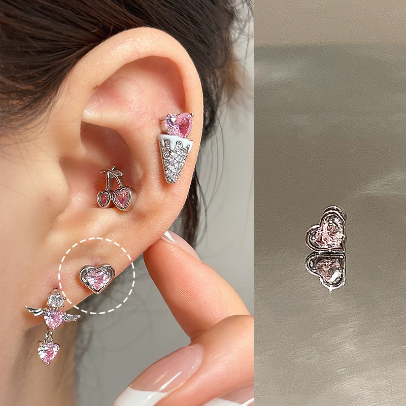 ピンク耳骨ネイルコレクション、ジルコン耳ネイル、医療用チタン鋼蝸牛ネイル、耳ピアス、耳骨ネイル、イヤリング、平底スパイラル|undefined